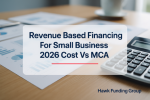 Revenue based financing for small business typography design for Hawk Funding Group over office desk background.