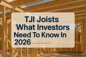 TJI joists typography cover by Hawk Funding Group with bold navy title over a construction site background.