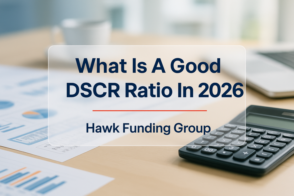 Typography design for what is a good dscr ratio with Hawk Funding Group branding on a navy finance layout.