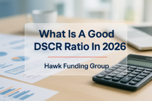 Typography design for what is a good dscr ratio with Hawk Funding Group branding on a navy finance layout.