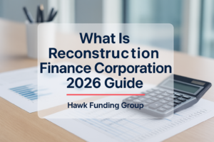 What Is Reconstruction Finance Corporation 2026 Guide typography design for Hawk Funding Group with navy headline.