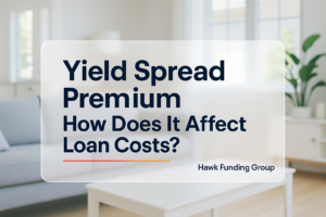 Yield spread premium typography design with Hawk Funding Group on a dark navy real estate-themed header.