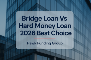 Bridge loan vs hard money loan typography design by Hawk Funding Group on navy-toned finance header.
