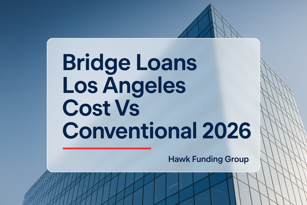 Bridge Loans Los Angeles Cost Vs Conventional 2026 typography design for Hawk Funding Group on a dark navy finance background.