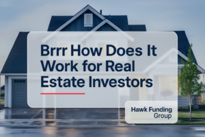 Brrr typography header over a real estate photo, with Hawk Funding Group branding and modern navy text.