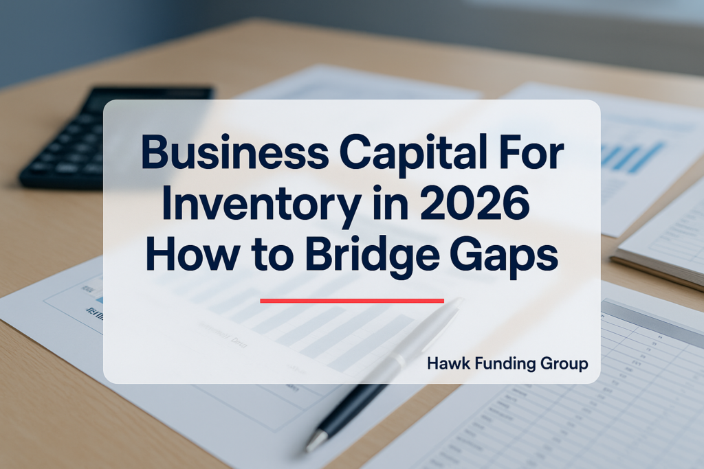 Business capital for inventory typography design by Hawk Funding Group with modern finance text over desk photo.