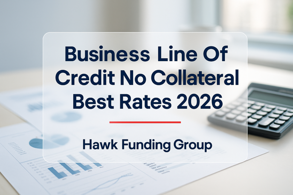 Typography banner for business line of credit no collateral by Hawk Funding Group on a modern desk background.