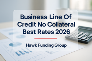 Typography banner for business line of credit no collateral by Hawk Funding Group on a modern desk background.