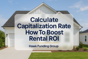 Calculate capitalization rate headline design for Hawk Funding Group on a rental property photo.