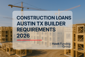 Construction loans Austin TX headline design for Hawk Funding Group with bold navy typography on a construction site background.