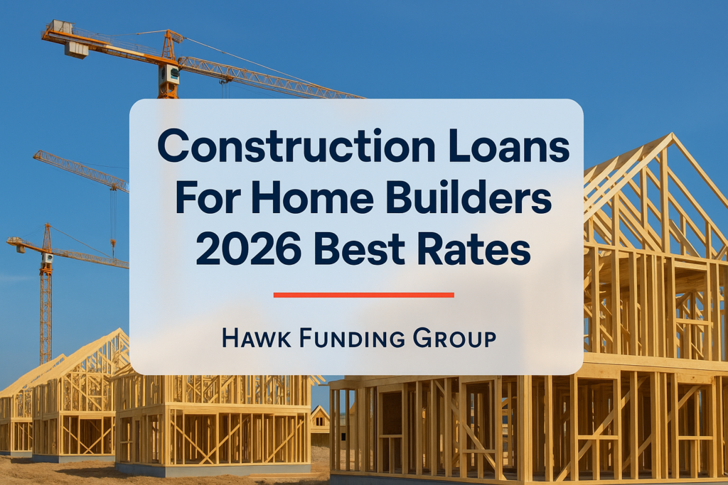 Construction loans for home builders typography design by Hawk Funding Group with bold navy headline and navy overlay.
