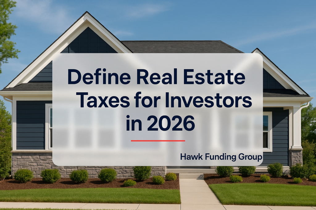 Define real estate taxes typography design for Hawk Funding Group on a modern navy blog header.