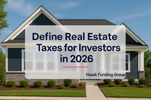 Define real estate taxes typography design for Hawk Funding Group on a modern navy blog header.