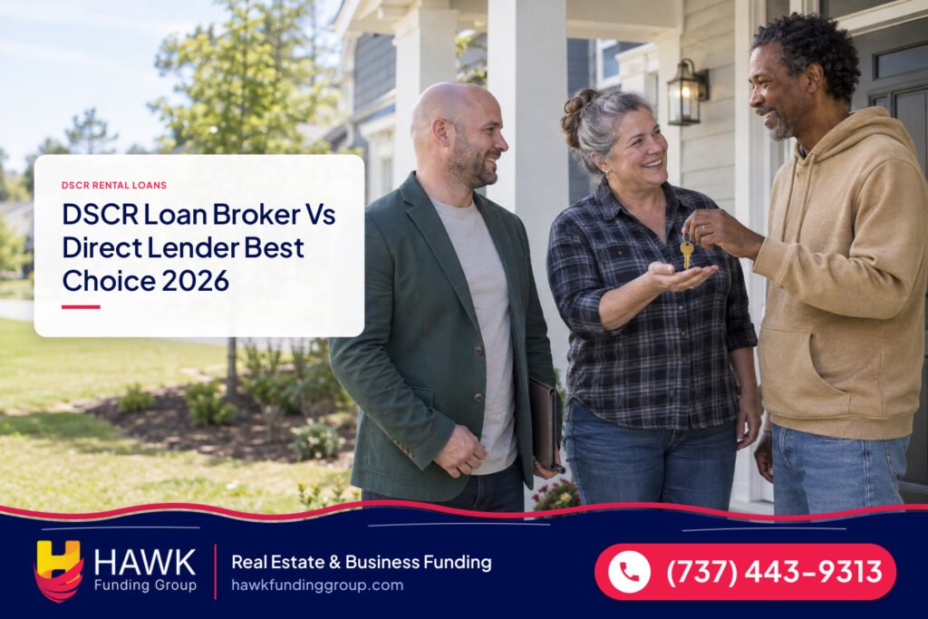 Landlord handing over keys to residents at a rental home, dscr loan broker, Hawk Funding Group