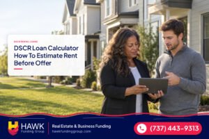 Two investors discussing rental properties at townhomes, dscr loan calculator, Hawk Funding Group
