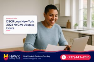 Investor reviewing rental income in a rental kitchen, dscr loan new york, Hawk Funding Group