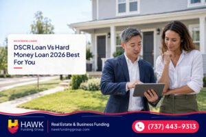 Loan advisor reviewing a rental loan with an investor at a duplex, dscr loan vs hard money loan, Hawk Funding Group
