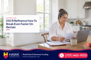 Investor reviewing rental income in a rental kitchen, dscr refinance, Hawk Funding Group