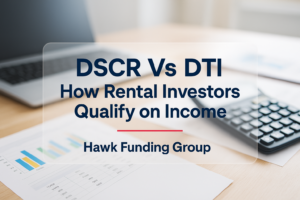 DSCR vs DTI typography design for rental investors by Hawk Funding Group, bold navy headline with finance accents.
