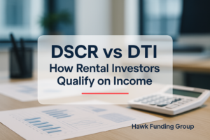 DSCR vs DTI typography design for rental investors by Hawk Funding Group, clean navy headline on finance desk background.
