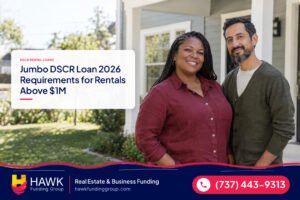 Couple in front of a rental property at a rental home, jumbo dscr loan, Hawk Funding Group