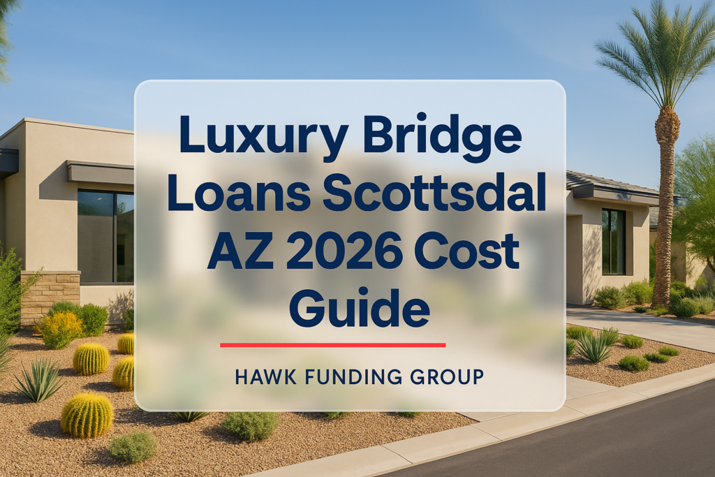 Luxury bridge loans typography design with Hawk Funding Group over Scottsdale property photo.