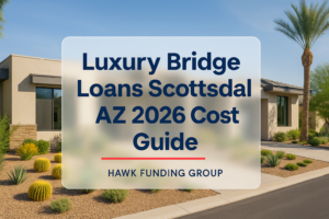 Luxury bridge loans typography design with Hawk Funding Group over Scottsdale property photo.