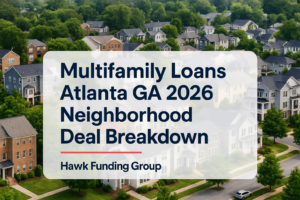 Multifamily loans Atlanta GA 2026 blog cover with bold typography, Hawk Funding Group branding, modern navy text.