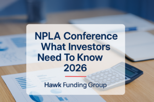 NPLA conference typography design with Hawk Funding Group branding on a modern office desk background.