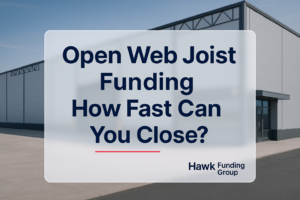 Open web joist headline in navy typography with Hawk Funding Group over warehouse photo.