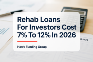 Typography design for rehab loans for investors with Hawk Funding Group branding on a navy finance header.