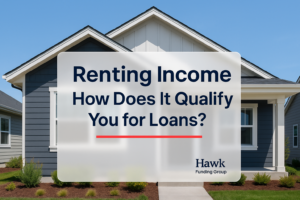 Typography design for renting income loans by Hawk Funding Group, bold navy headline on a modern property exterior background.