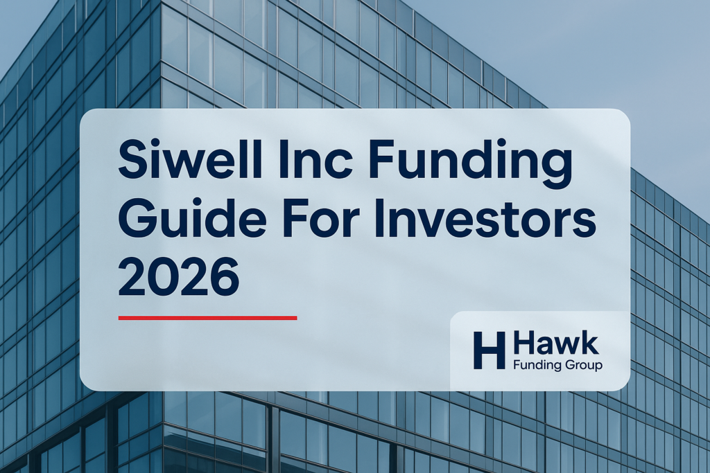 Siwell Inc headline typography on office photo, Hawk Funding Group branding, clean funding guide design.
