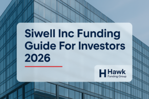 Siwell Inc headline typography on office photo, Hawk Funding Group branding, clean funding guide design.