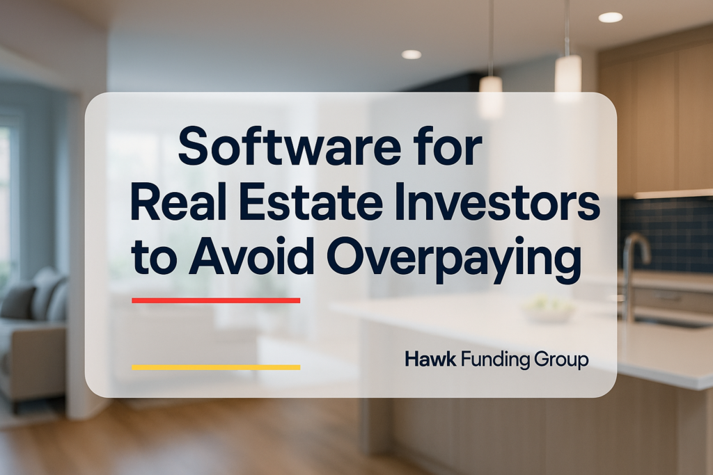 Software for real estate investors typography design by Hawk Funding Group with modern navy headline over home interior photo.