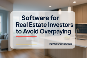 Software for real estate investors typography design by Hawk Funding Group with modern navy headline over home interior photo.