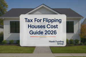 Tax for flipping houses typography design with Hawk Funding Group on a clean real estate header.