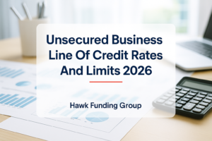 Unsecured business line of credit typography design for Hawk Funding Group on a modern desk background.