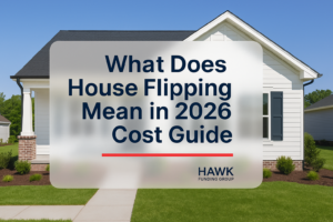 What does house flipping mean typography design by Hawk Funding Group on a modern real estate blog header.